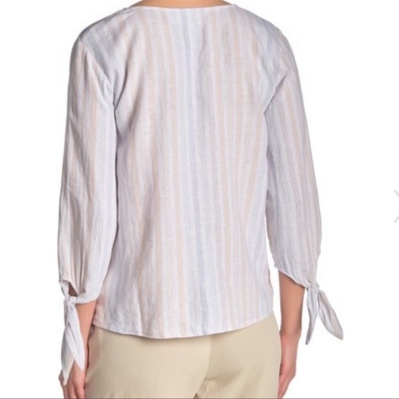 Cloth & Stone Linen Tie Sleeve Stripe Blouse Top - Picture 2 of 5